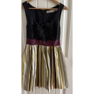 Anthropologie Burlapp Womens A Line Dress Black Stripe Scoop Flower Zipper